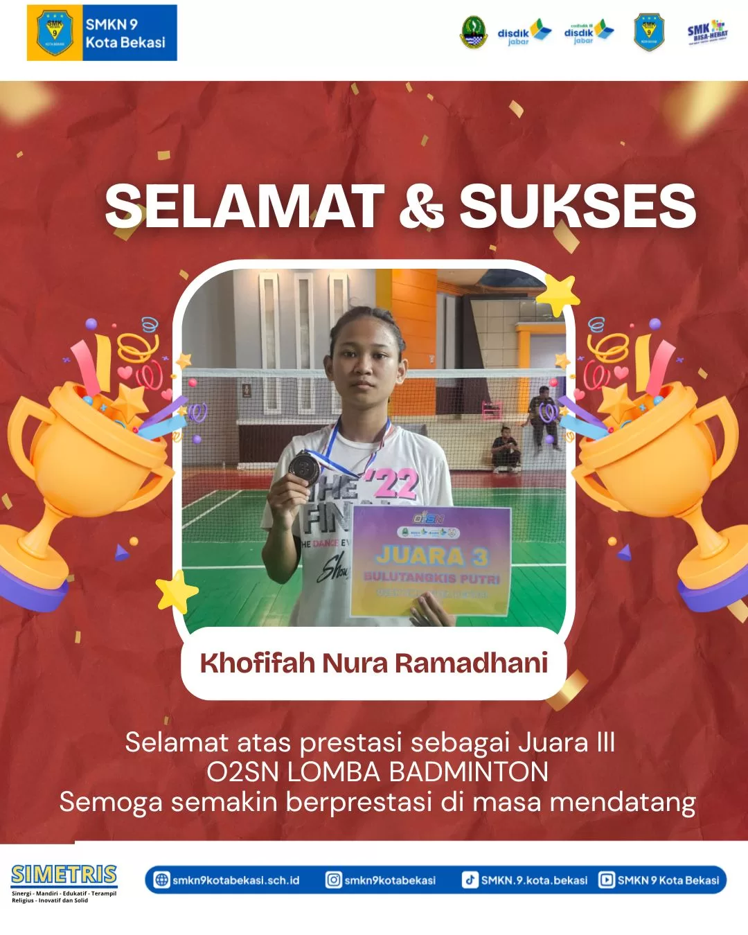 Siswa SMKN 9 Kota Bekasi Raih Juara III O2SN Cabang Badminton Tingkat Kota Bekasi